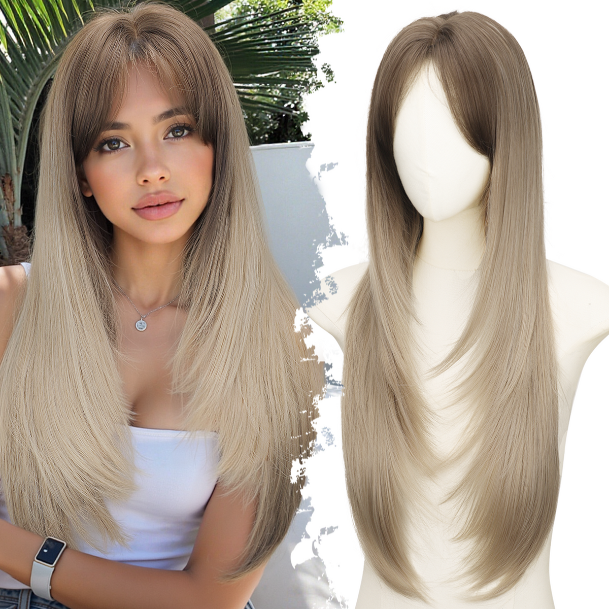 [KooKaStyle]Long Ombre Light Blonde Wig for Women,4x4 Realistic Scalp, Free Parting,Layered Hairstyle Synthetic Heat Resistant for Daily Party Use 26 inch
