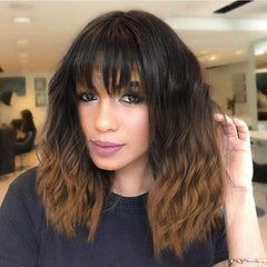 KooKaStyle Curly Bob Wig with Bangs, Short Wavy Synthetic Heat Resistant Wig for Women, Easy to Wear Bob Style Hairpiece