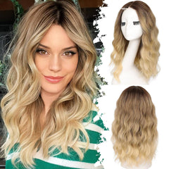 KooKaStyle 14 & 18 Inch Brown Highlight Wigs for Women, Shoulder Length Wavy Synthetic Wig with Pre-Cut Lace Hairline, Middle Part Bob