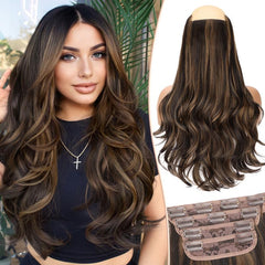 [kookastyle] clip in hair extensions 4 pcs natural long Synthetic wavy curly hairpieces Layered soft invisible for women Dark Brown 20 inch