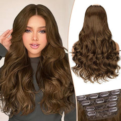 [kookastyle] clip in hair extensions 4 pcs natural long Synthetic wavy curly hairpieces Layered soft invisible for women Dark Brown 20 inch