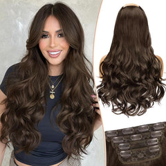 [kookastyle] clip in hair extensions 4 pcs natural long Synthetic wavy curly hairpieces Layered soft invisible for women Dark Brown 20 inch