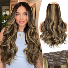 [kookastyle] clip in hair extensions 4 pcs natural long Synthetic wavy curly hairpieces Layered soft invisible for women Dark Brown 20 inch