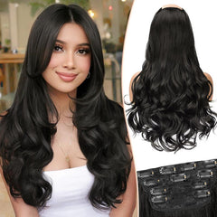 [kookastyle] clip in hair extensions 4 pcs natural long Synthetic wavy curly hairpieces Layered soft invisible for women Dark Brown 20 inch