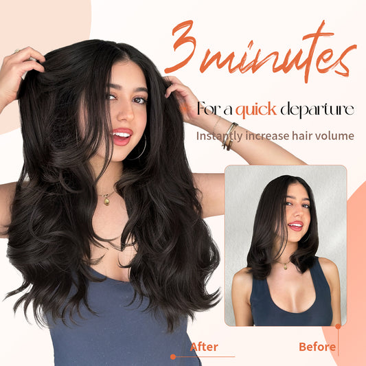 [kookastyle] clip in hair extensions 4 pcs natural long Synthetic wavy curly hairpieces Layered soft invisible for women Dark Brown 20 inch